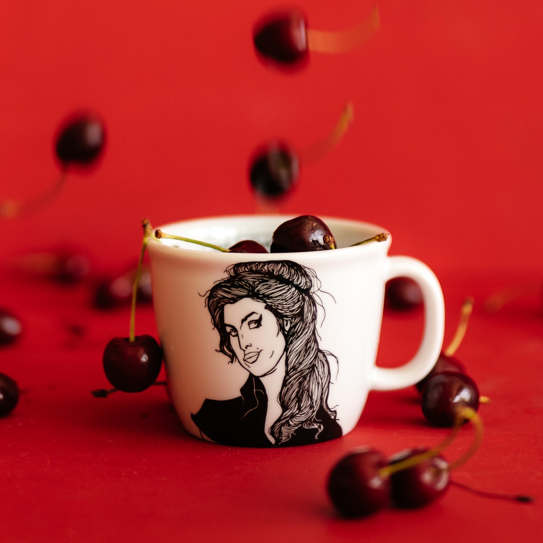 Porcelain cup inspired by Amy Winehouse with cherries