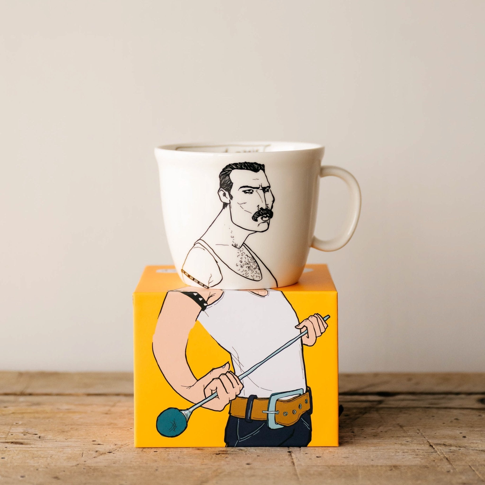 Porcelain cup inspired by Freddie Mercury on the box