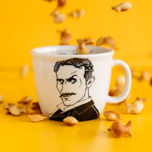 Porcelain cup inspired by Nikola Tesla with goldfish