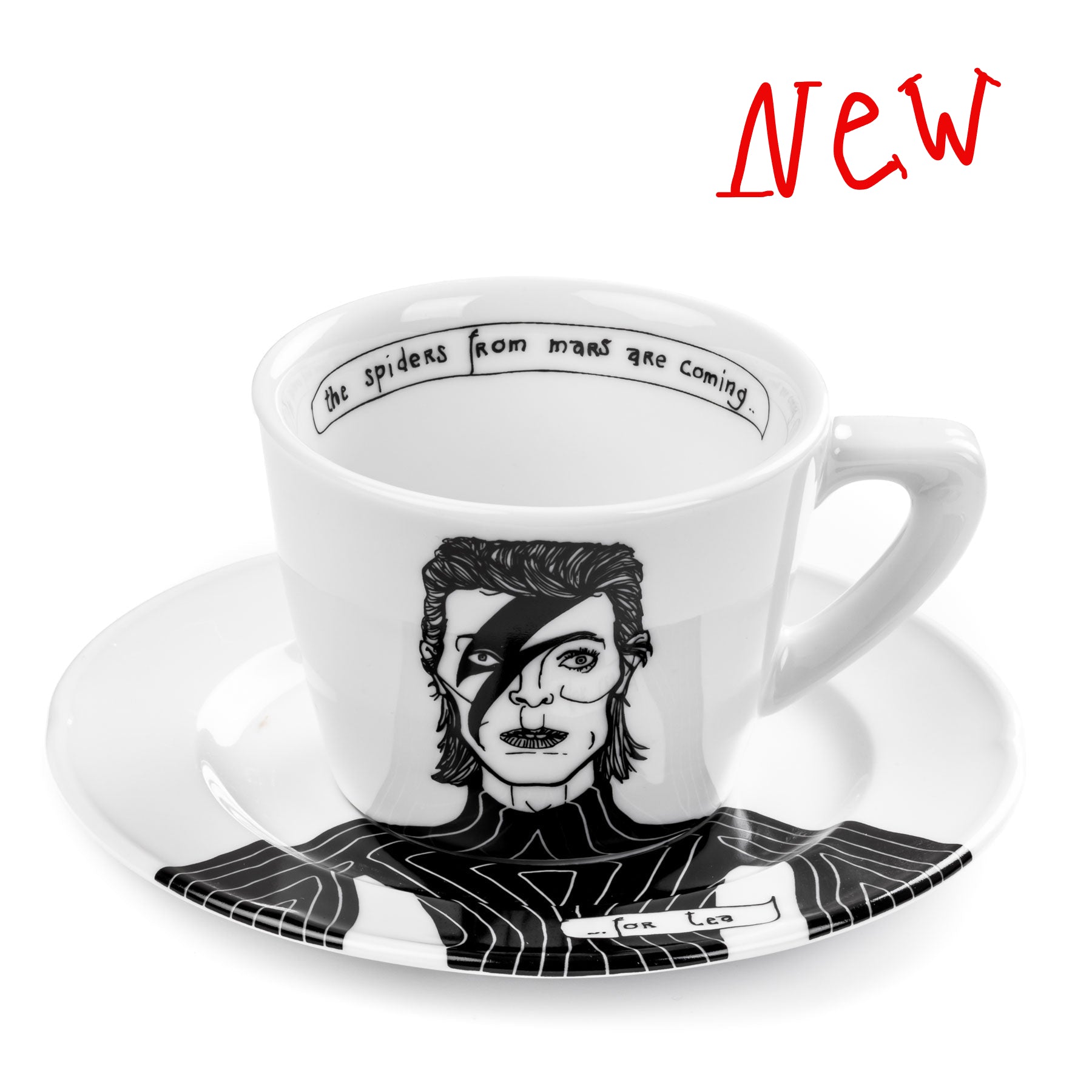 Cup and saucer with black and white illustration of a person inspired by david bowie, text on cup, white background