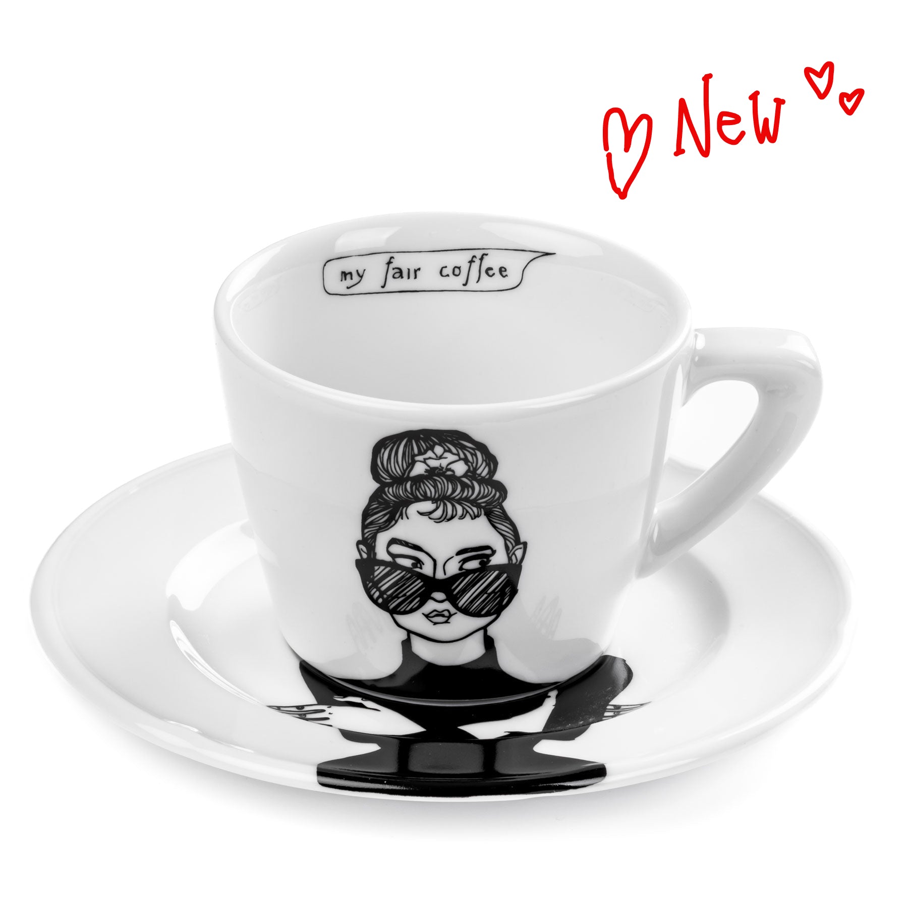 Cup and saucer with a design of a woman wearing sunglasses and the text 'my fair coffee' on a white background.
