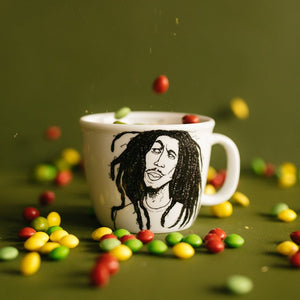 Porcelain cup inspired by Bob Marley with candy