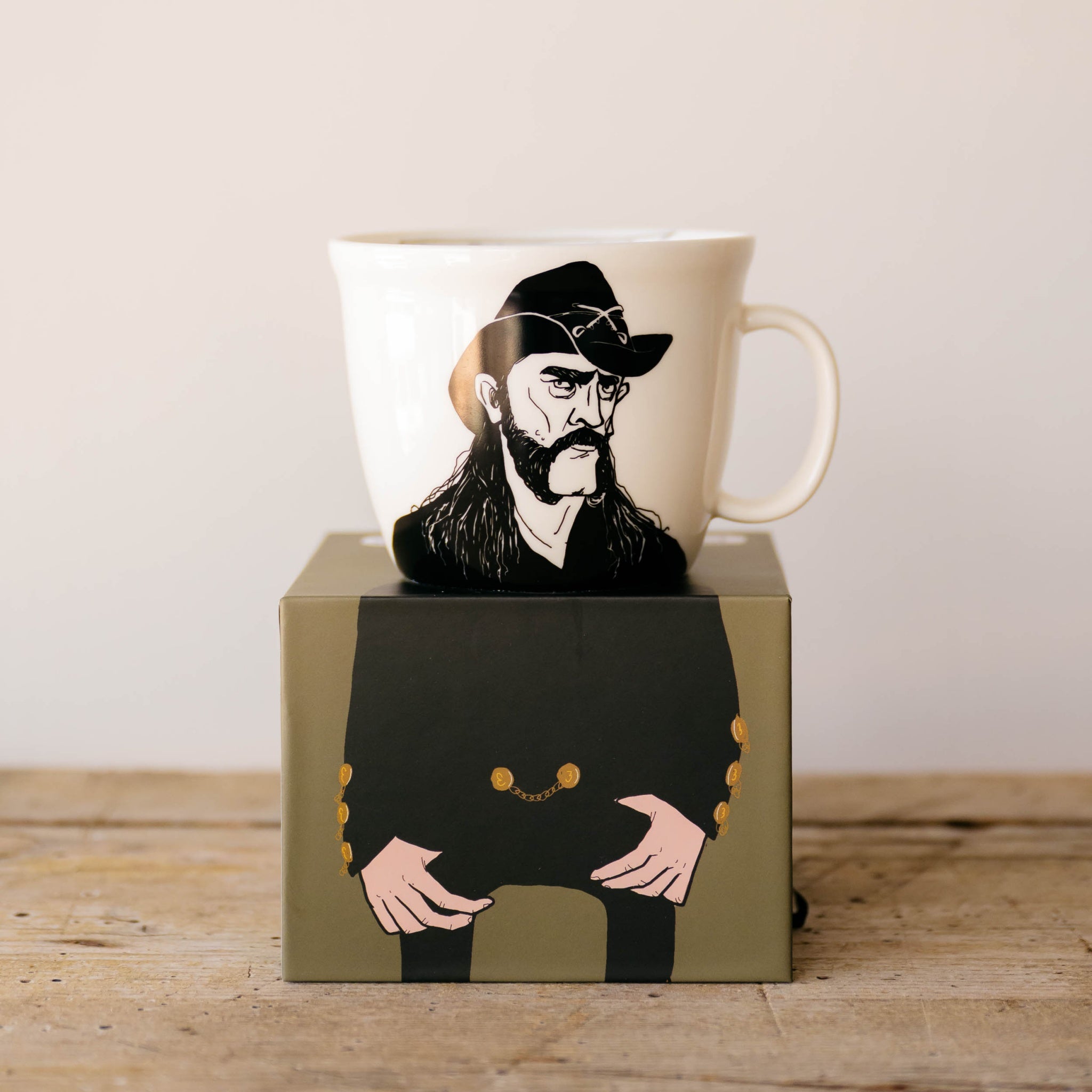 Porcelain cup inspired by Lemmy Kilmister on the box