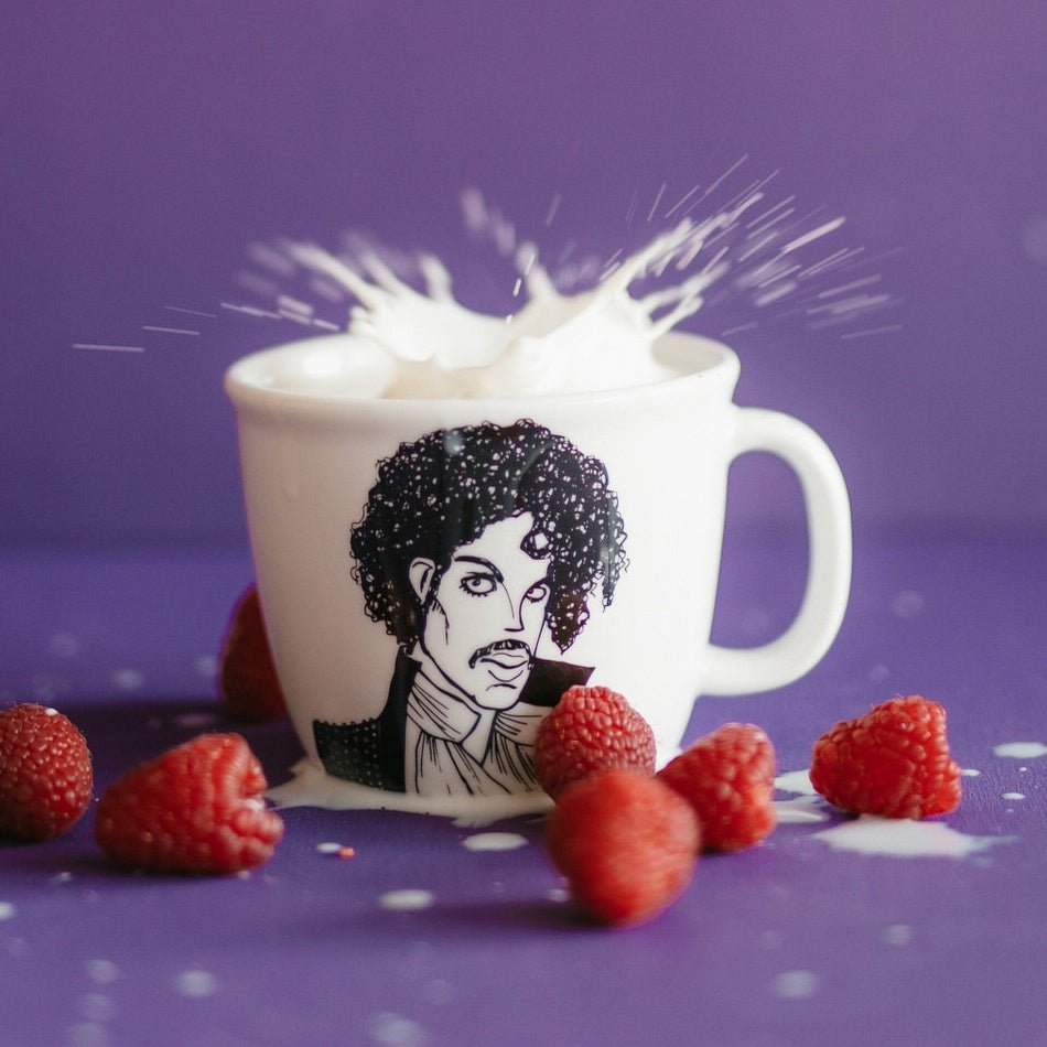Porcelain cup inspired by Prince with milk and raspberries