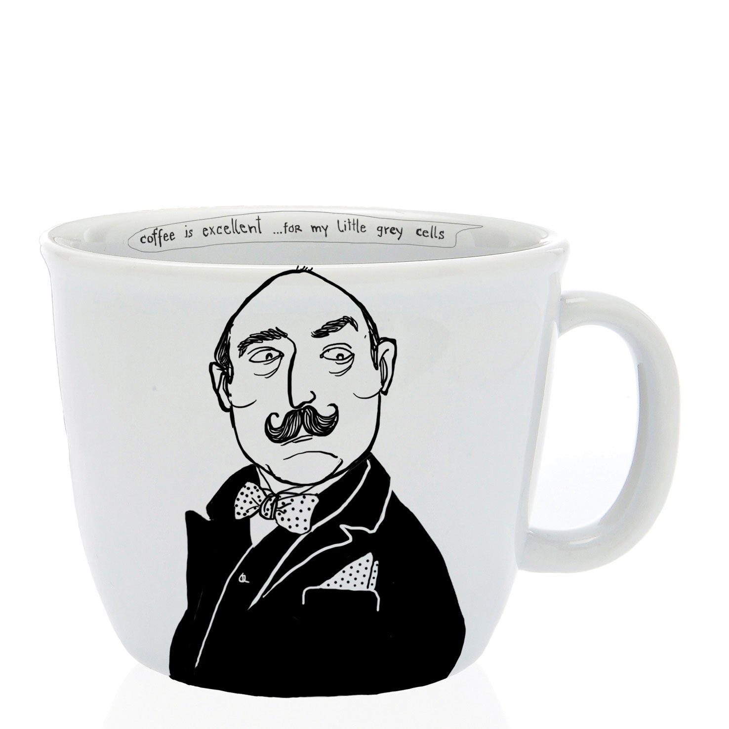 This image features a stylish ceramic mug with a unique design, appealing to fans of the classic detective genre. The mug is predominantly white with a detailed black illustration of Hercule Poirot, the famous Belgian detective, donned in his signature mustache and detective attire.