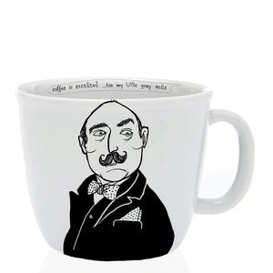 This image features a stylish ceramic mug with a unique design, appealing to fans of the classic detective genre. The mug is predominantly white with a detailed black illustration of Hercule Poirot, the famous Belgian detective, donned in his signature mustache and detective attire.