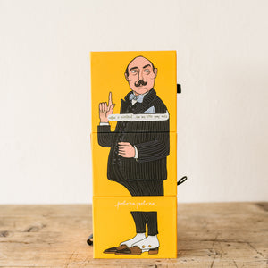 great packaging box that must be real eye catcher in shops. Showing inspired illustration of Belgian detective Hercule Poirot in a striped suit and shoes with white spacks, on a yellow background
